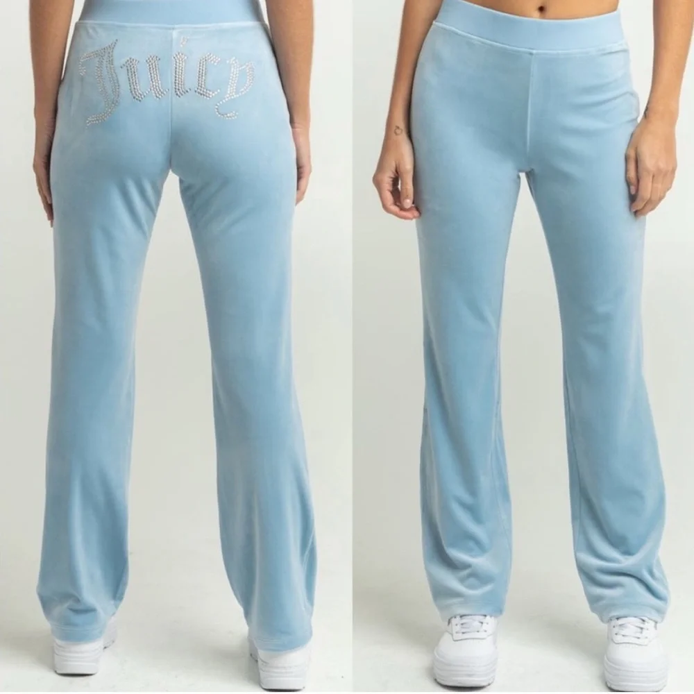 Juicy Couture Light Blue Velour Tracksuit Pants, Big Bling Mcbling Y2K Pants NWT - Picture 1 of 7
